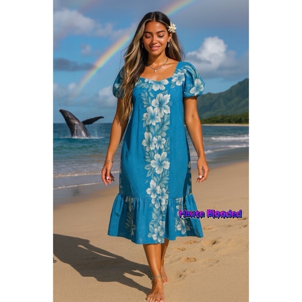 Vintage 80's Kalena Fashions Of Hawaii Dress Flower Blue MuMu Hibiscus Vacation